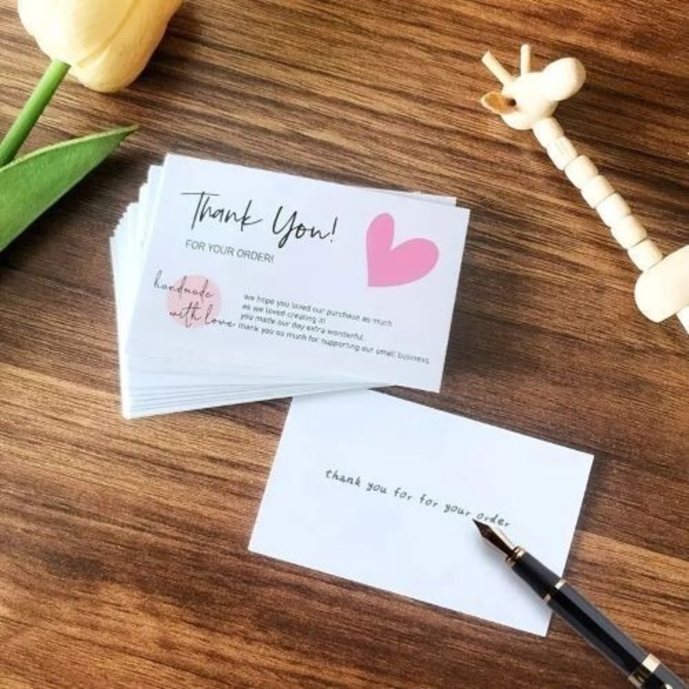100 PCS Thank You For Your Order Cards Pink Heart Handmade With Love Business